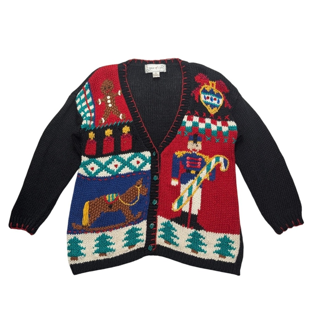 Vintage Spice of Life Christmas Cardigan Women Large Black Nutcracker Sweater